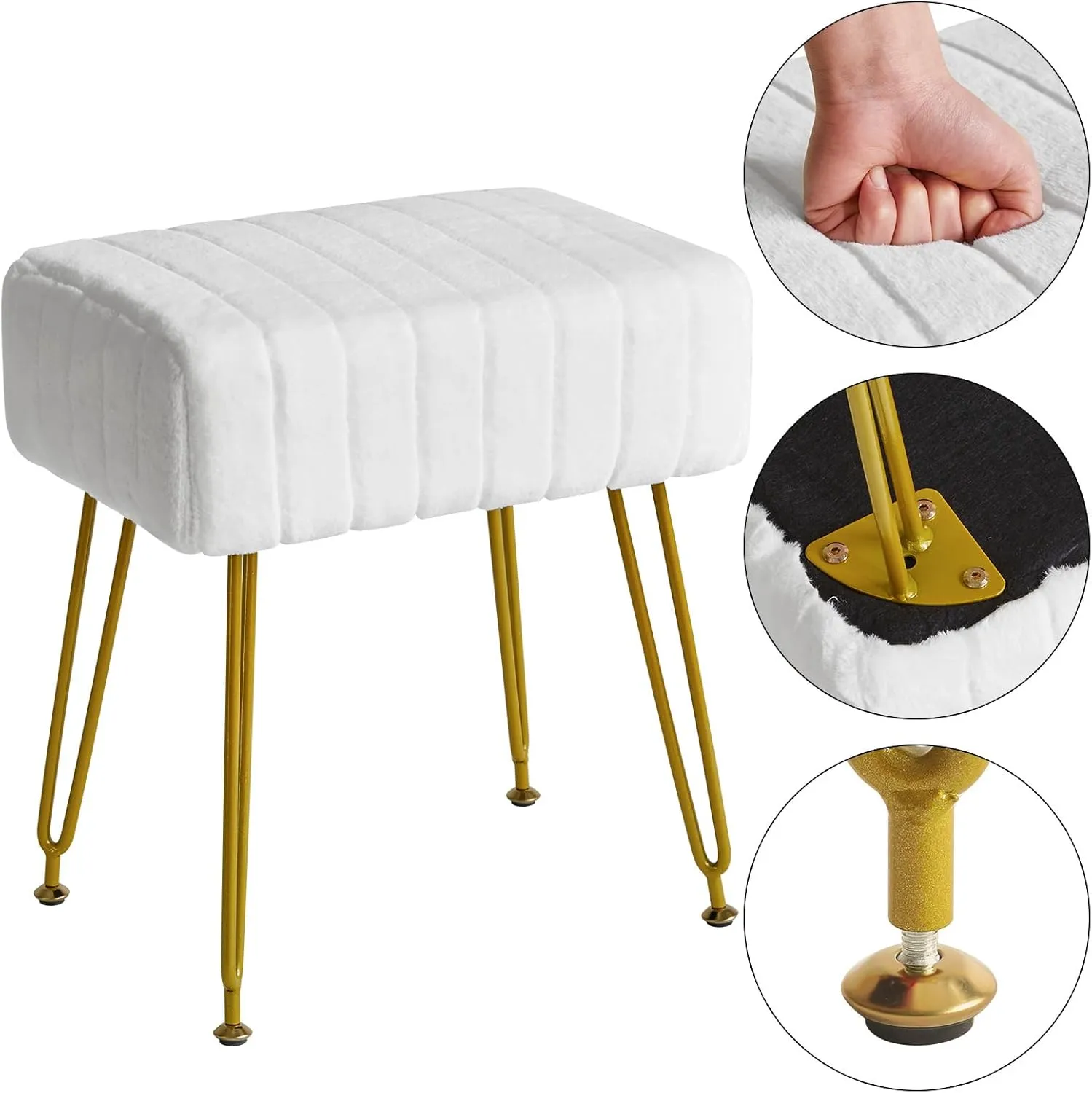 IBUYKE Velvet Rectangular Footrest Stool Ottoman, Makeup Vanity Stool Side Table, Velvet Dressing Table Seat, Pouf Couch Stool, Golden Steel Legs, White LG-51W