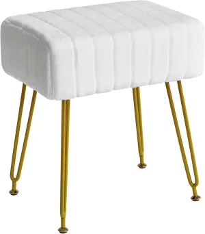 IBUYKE Velvet Rectangular Footrest Stool Ottoman, Makeup Vanity Stool Side Table, Velvet Dressing Table Seat, Pouf Couch Stool, Golden Steel Legs, White LG-51W