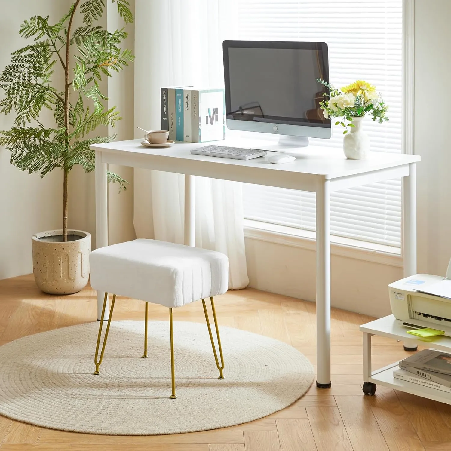 IBUYKE Velvet Rectangular Footrest Stool Ottoman, Makeup Vanity Stool Side Table, Velvet Dressing Table Seat, Pouf Couch Stool, Golden Steel Legs, White LG-51W