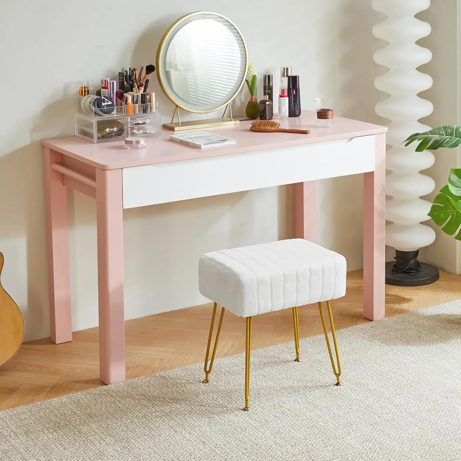 IBUYKE Velvet Rectangular Footrest Stool Ottoman, Makeup Vanity Stool Side Table, Velvet Dressing Table Seat, Pouf Couch Stool, Golden Steel Legs, White LG-51W
