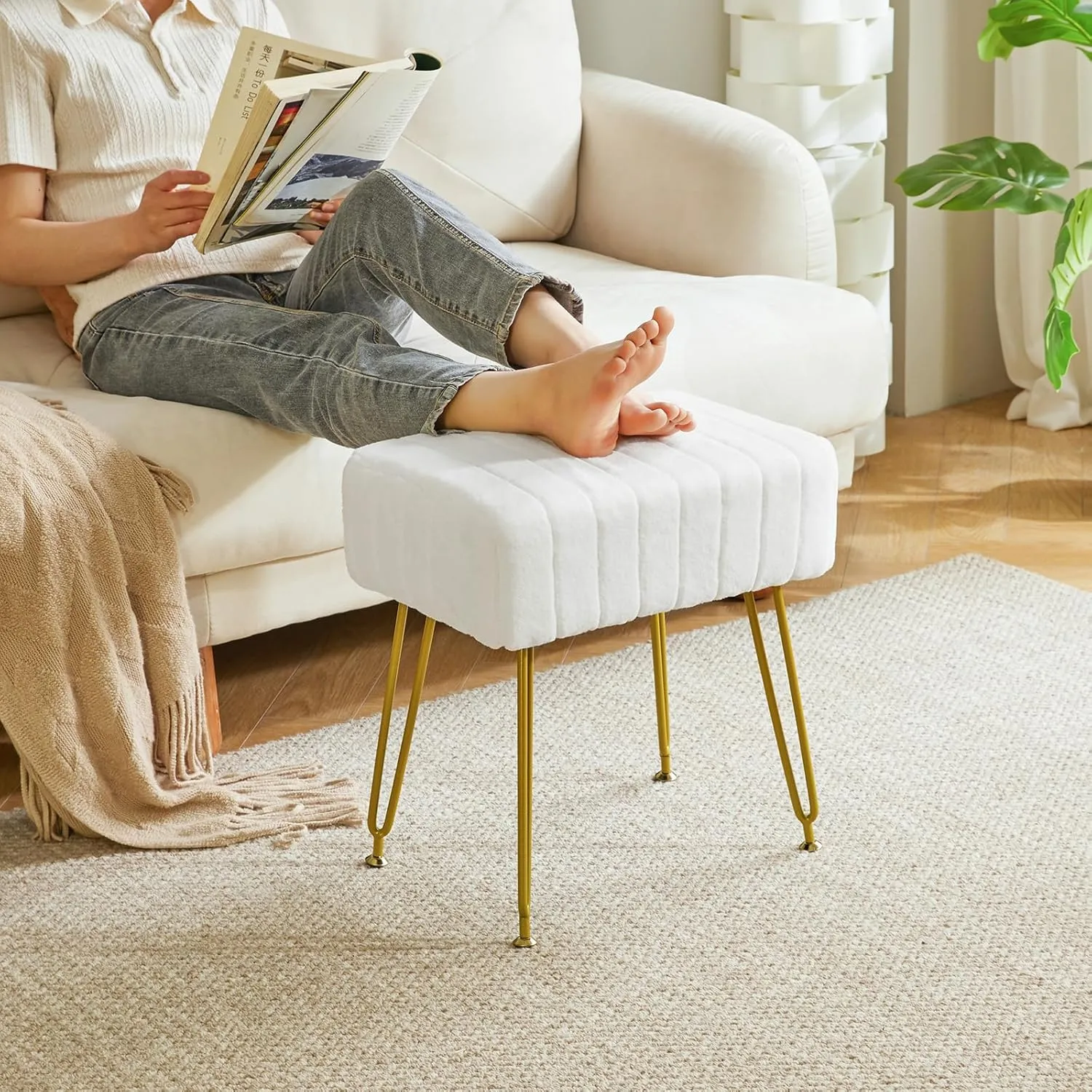 IBUYKE Velvet Rectangular Footrest Stool Ottoman, Makeup Vanity Stool Side Table, Velvet Dressing Table Seat, Pouf Couch Stool, Golden Steel Legs, White LG-51W