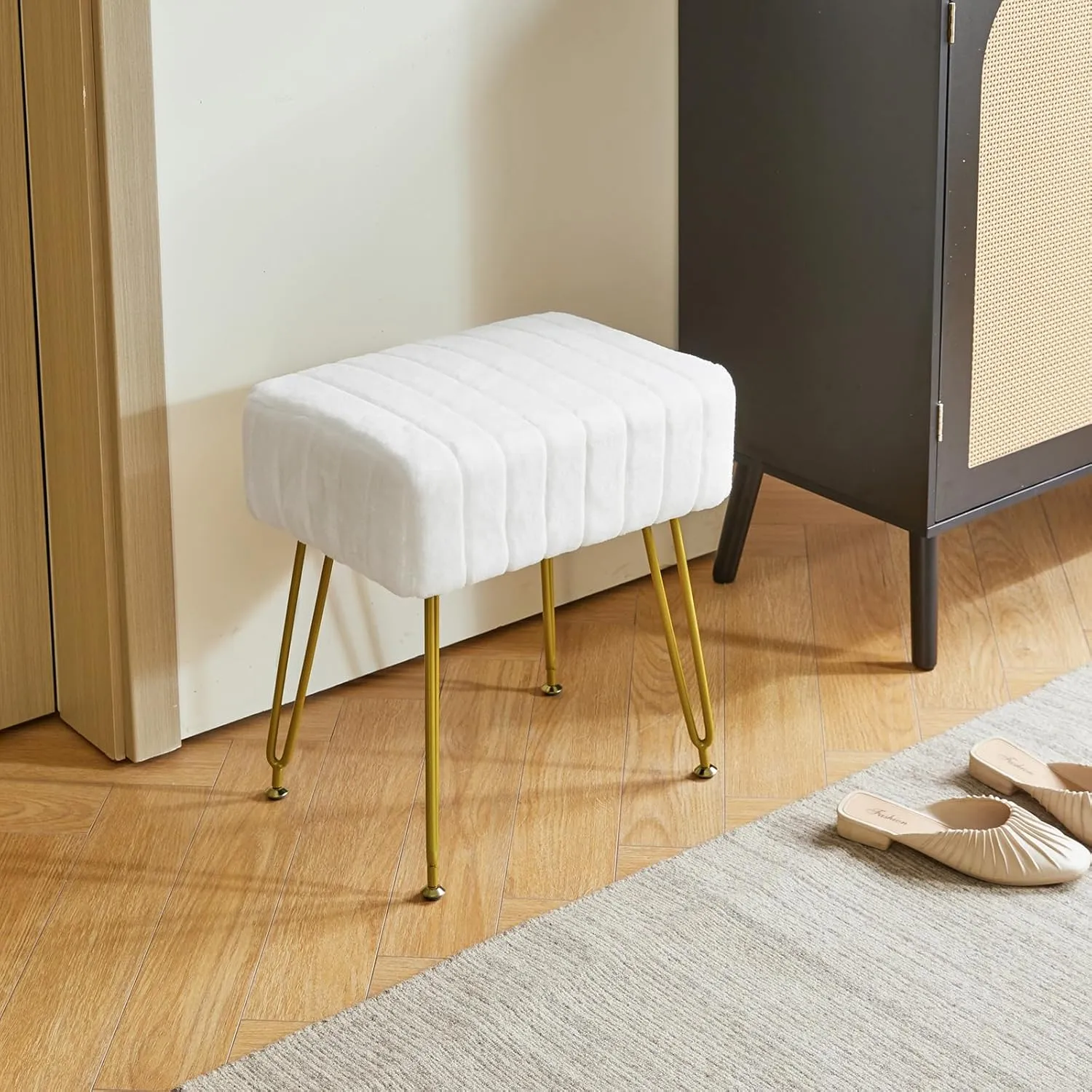 IBUYKE Velvet Rectangular Footrest Stool Ottoman, Makeup Vanity Stool Side Table, Velvet Dressing Table Seat, Pouf Couch Stool, Golden Steel Legs, White LG-51W