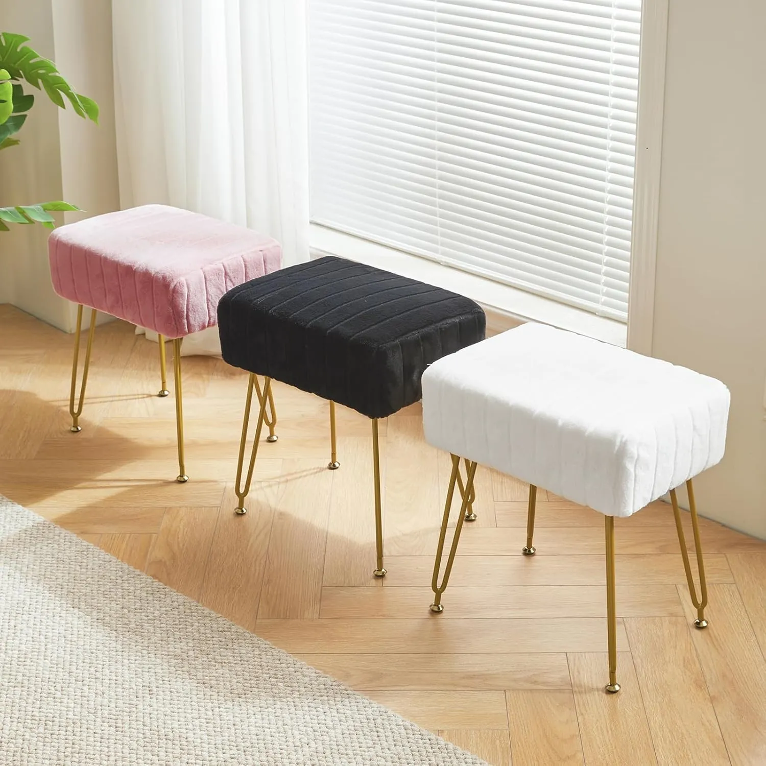 IBUYKE Velvet Rectangular Footrest Stool Ottoman, Makeup Vanity Stool Side Table, Velvet Dressing Table Seat, Pouf Couch Stool, Golden Steel Legs, White LG-51W