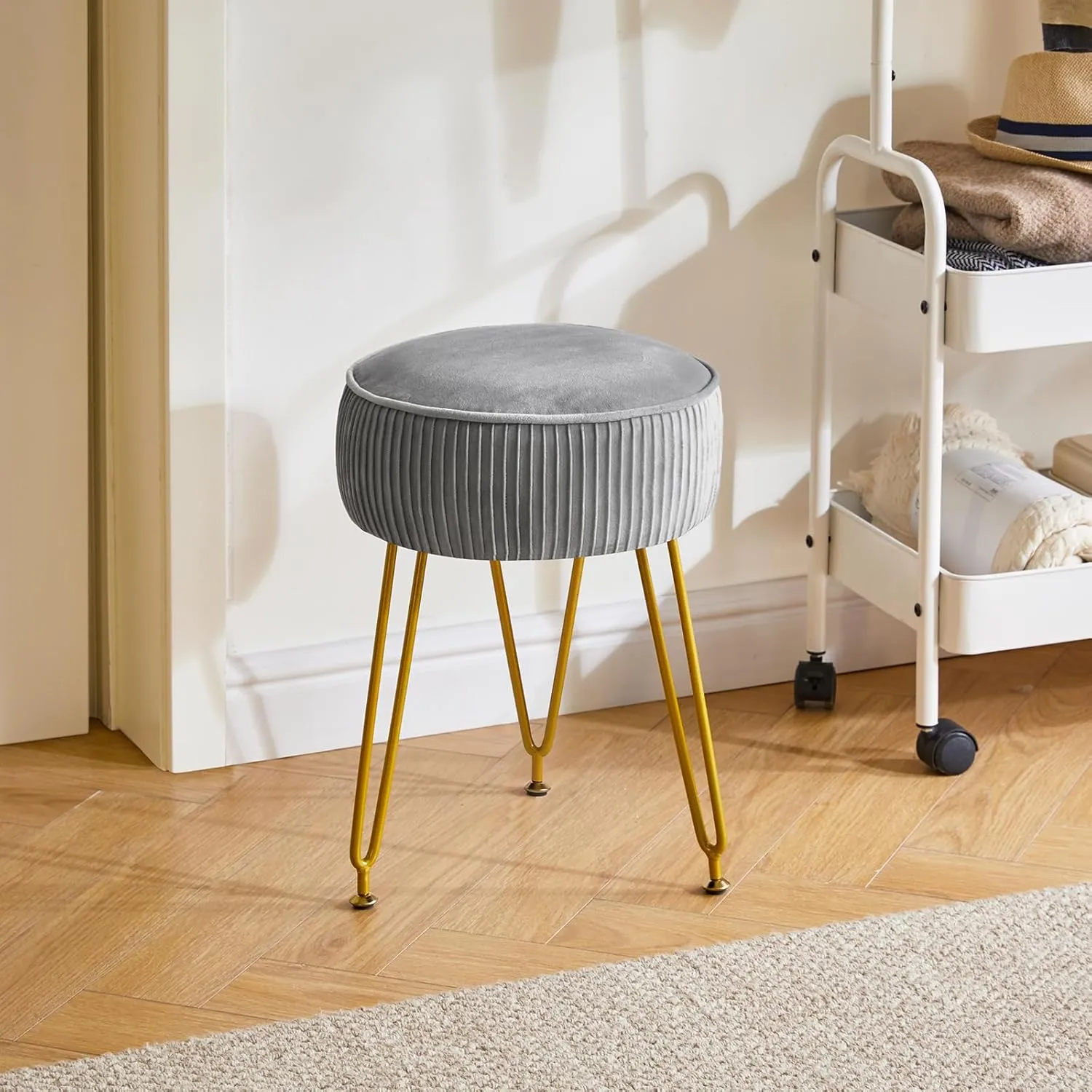 IBUYKE Velvet Round Footrest Ottoman, Makeup Vanity Stool Side Table, Dressing Table Seat, Pouf Couch Stool, Golden Steel Legs, Gray LG-30G