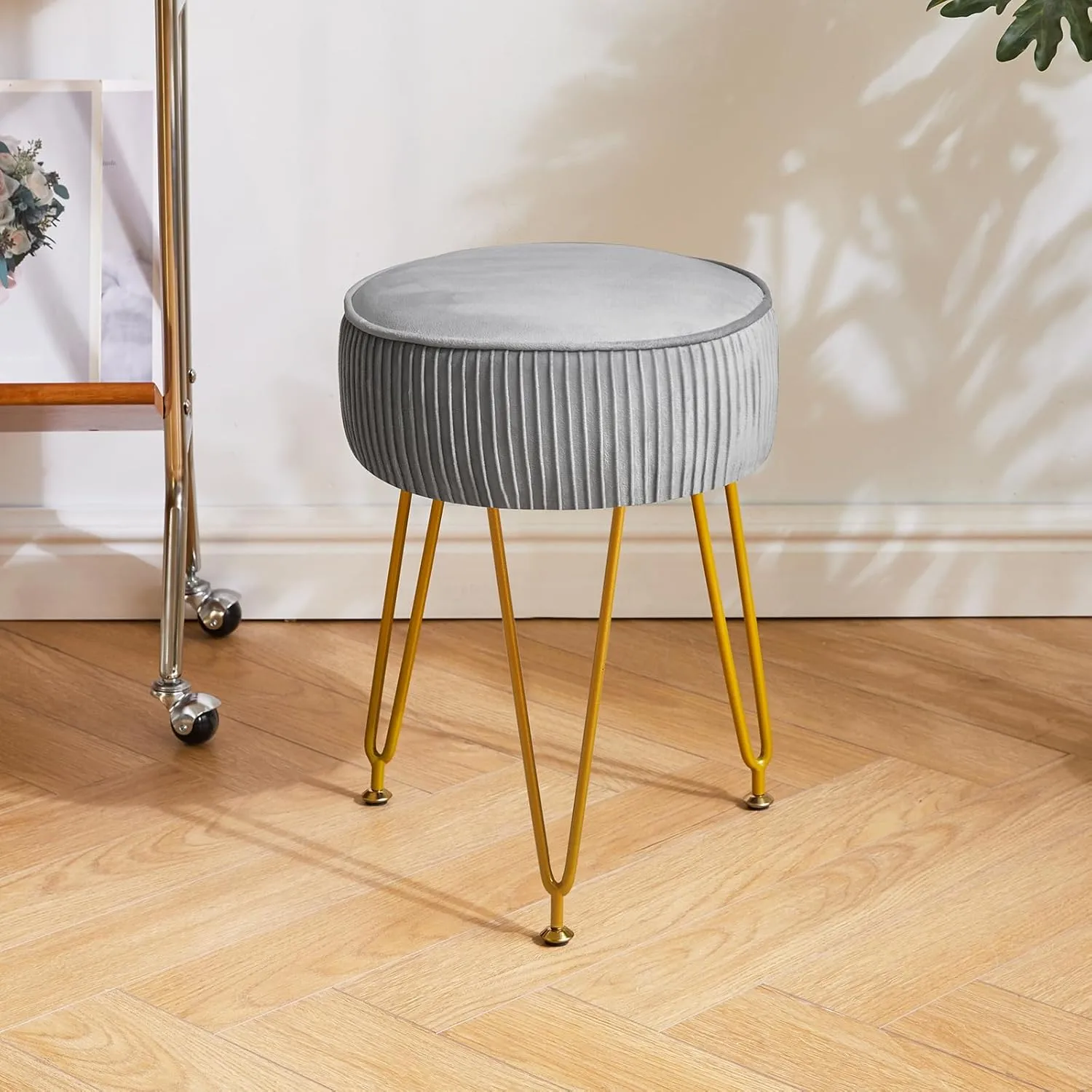 IBUYKE Velvet Round Footrest Ottoman, Makeup Vanity Stool Side Table, Dressing Table Seat, Pouf Couch Stool, Golden Steel Legs, Gray LG-30G