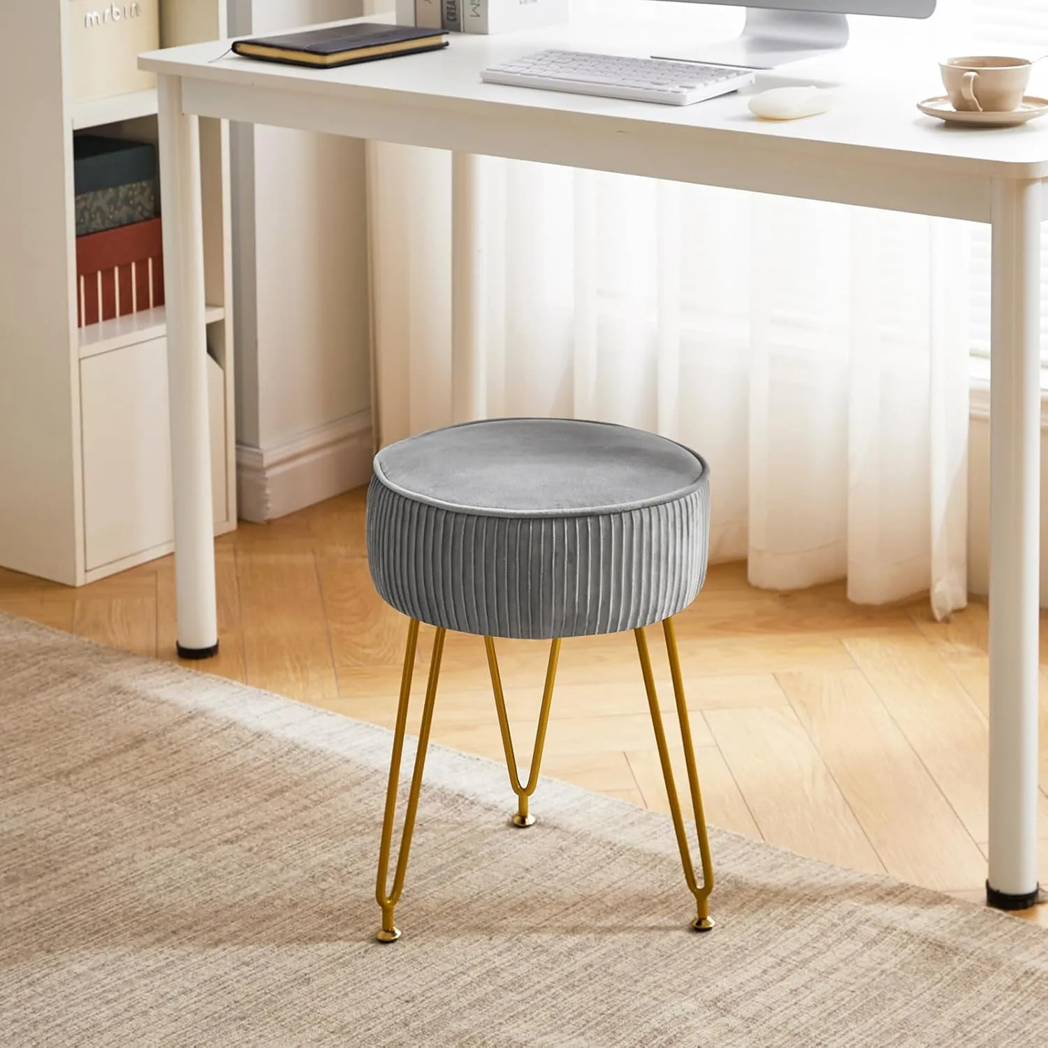 IBUYKE Velvet Round Footrest Ottoman, Makeup Vanity Stool Side Table, Dressing Table Seat, Pouf Couch Stool, Golden Steel Legs, Gray LG-30G