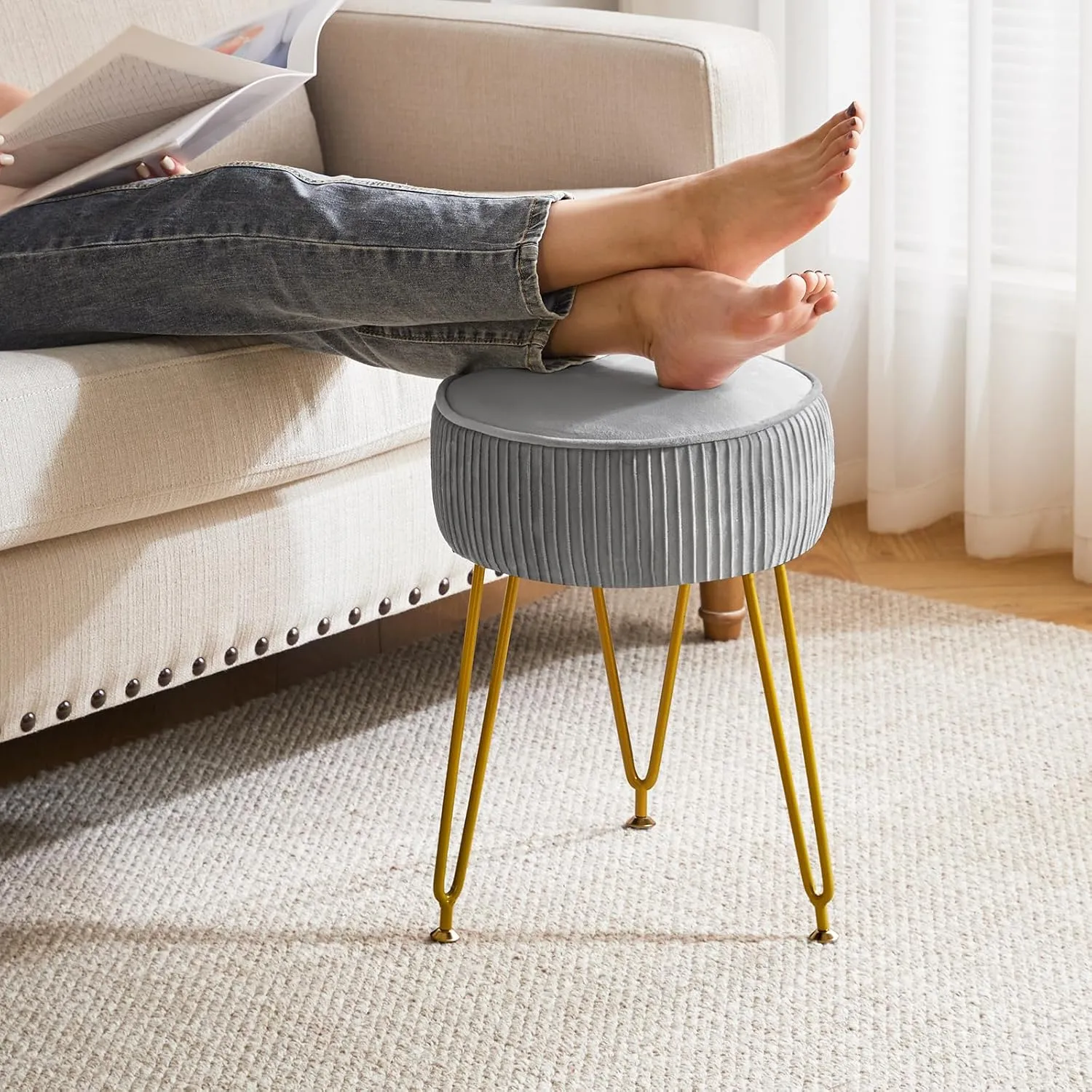 IBUYKE Velvet Round Footrest Ottoman, Makeup Vanity Stool Side Table, Dressing Table Seat, Pouf Couch Stool, Golden Steel Legs, Gray LG-30G