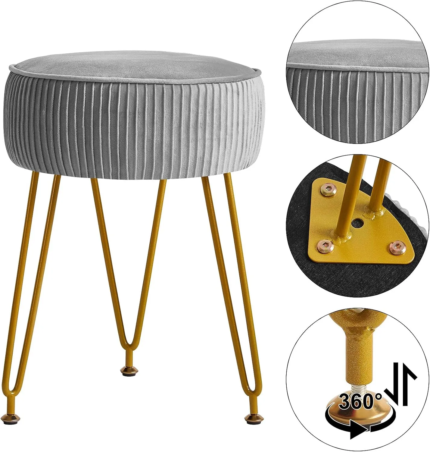 IBUYKE Velvet Round Footrest Ottoman, Makeup Vanity Stool Side Table, Dressing Table Seat, Pouf Couch Stool, Golden Steel Legs, Gray LG-30G