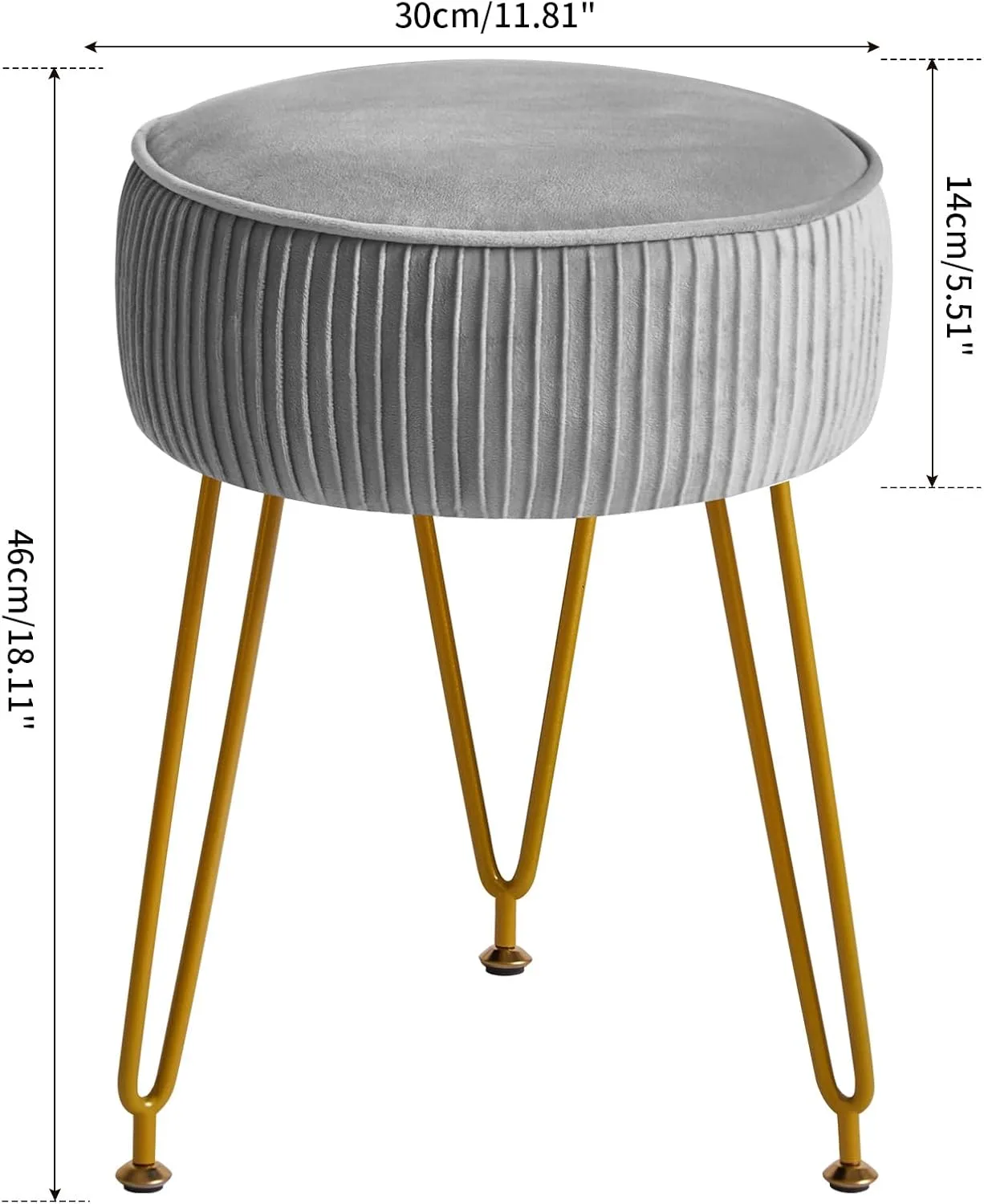 IBUYKE Velvet Round Footrest Ottoman, Makeup Vanity Stool Side Table, Dressing Table Seat, Pouf Couch Stool, Golden Steel Legs, Gray LG-30G
