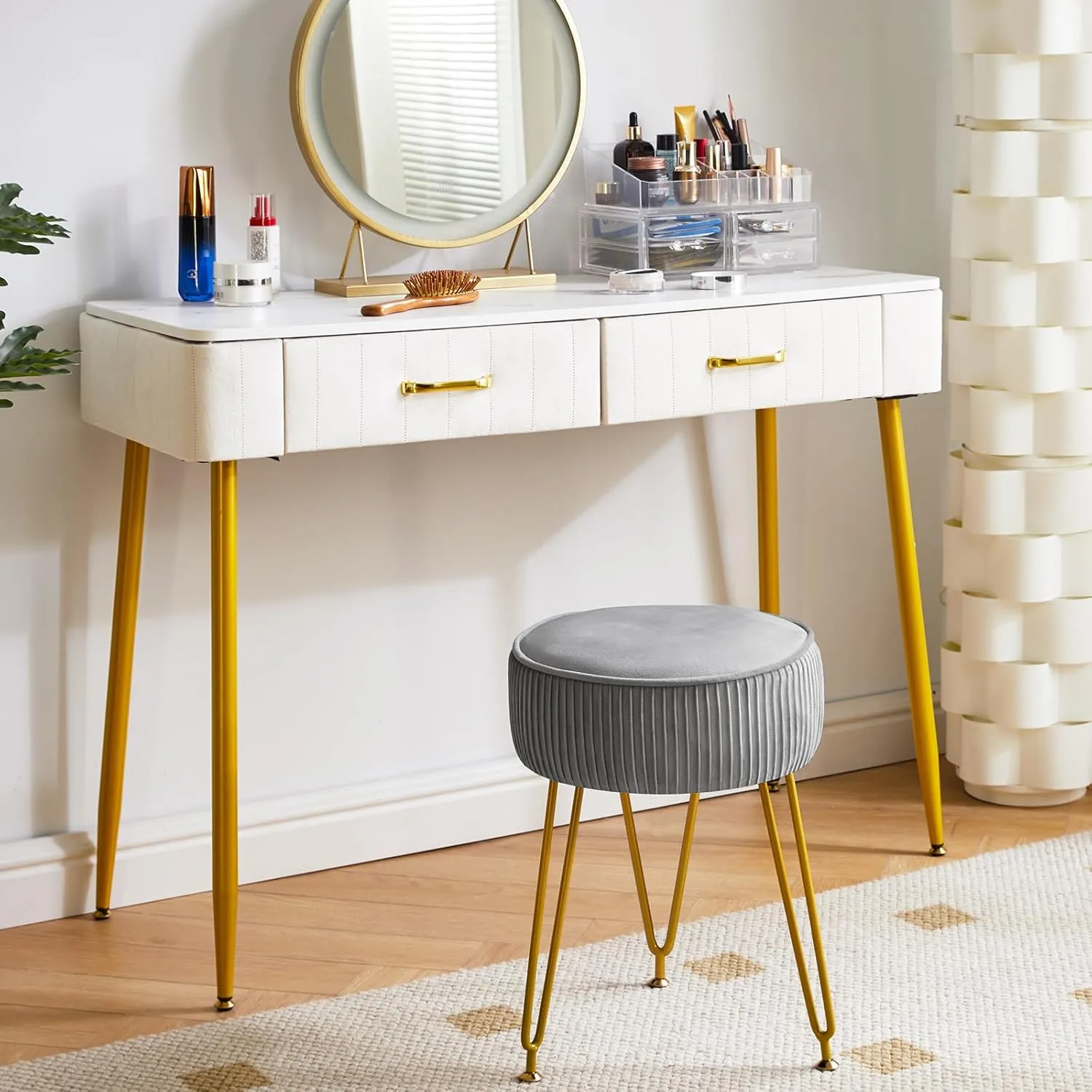 IBUYKE Velvet Round Footrest Ottoman, Makeup Vanity Stool Side Table, Dressing Table Seat, Pouf Couch Stool, Golden Steel Legs, Gray LG-30G