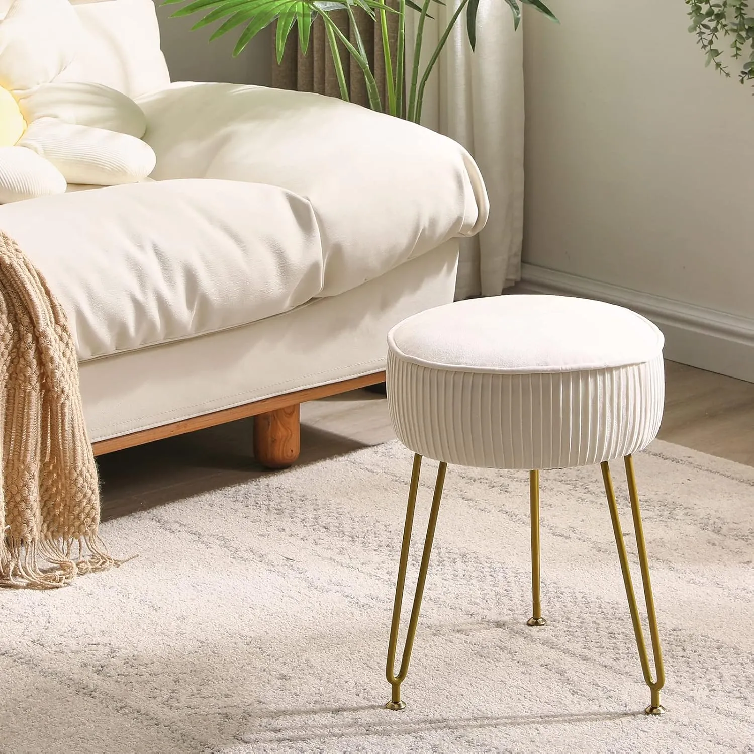 IBUYKE Velvet Round Footrest Stool Ottoman, Makeup Vanity Stool Side Table, Velvet Dressing Table Seat, Pouf Couch Stool, Golden Steel Legs, Creamy-White LG-30M
