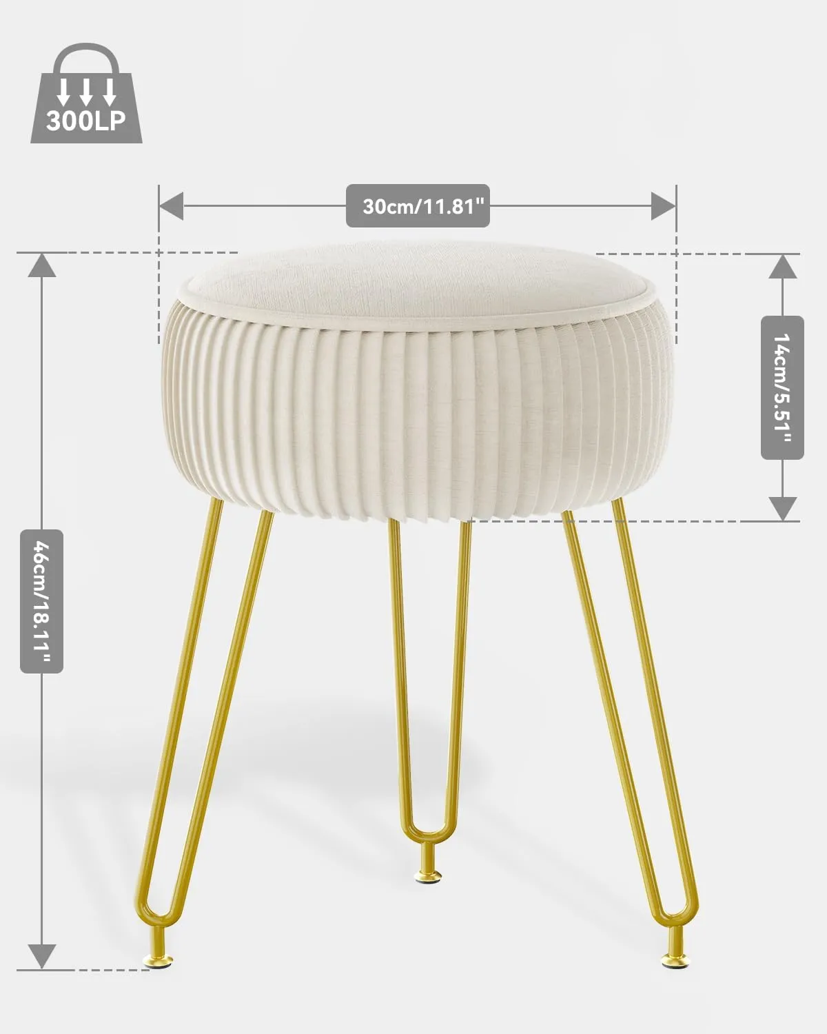 IBUYKE Velvet Round Footrest Stool Ottoman, Makeup Vanity Stool Side Table, Velvet Dressing Table Seat, Pouf Couch Stool, Golden Steel Legs, Creamy-White LG-30M