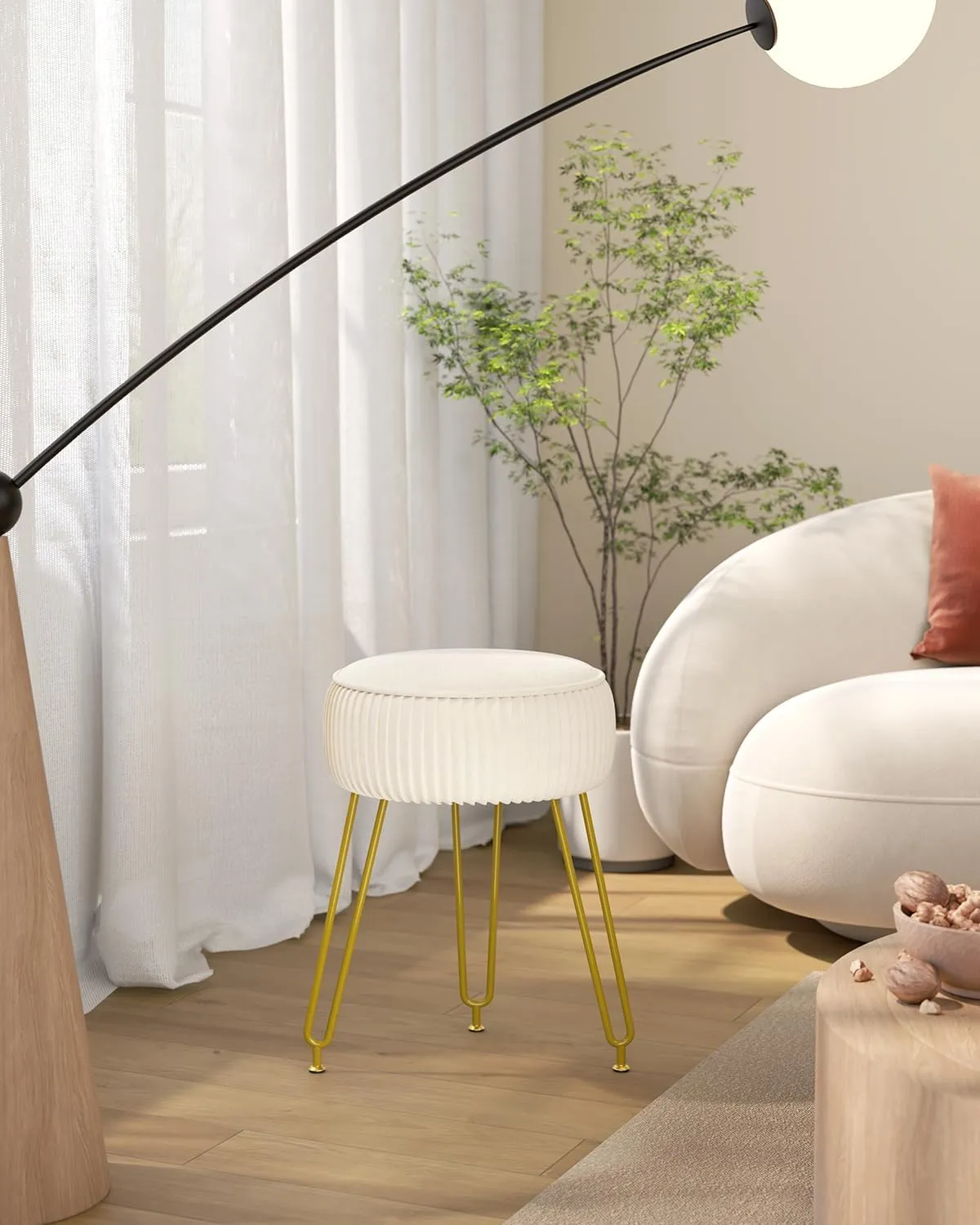 IBUYKE Velvet Round Footrest Stool Ottoman, Makeup Vanity Stool Side Table, Velvet Dressing Table Seat, Pouf Couch Stool, Golden Steel Legs, Creamy-White LG-30M