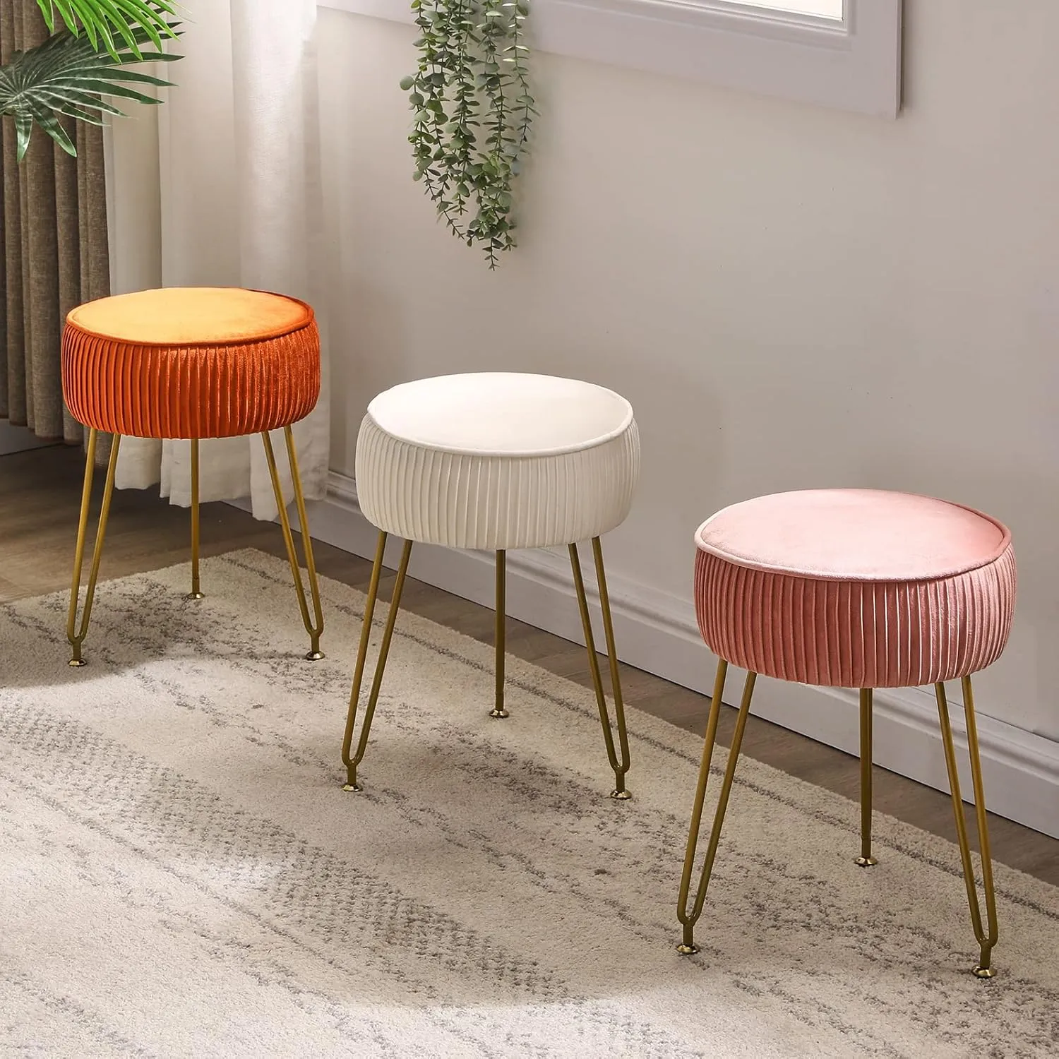 IBUYKE Velvet Round Footrest Stool Ottoman, Makeup Vanity Stool Side Table, Velvet Dressing Table Seat, Pouf Couch Stool, Golden Steel Legs, Creamy-White LG-30M