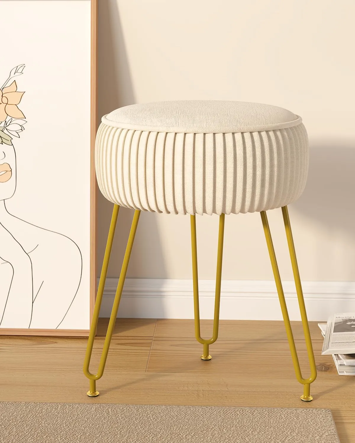 IBUYKE Velvet Round Footrest Stool Ottoman, Makeup Vanity Stool Side Table, Velvet Dressing Table Seat, Pouf Couch Stool, Golden Steel Legs, Creamy-White LG-30M