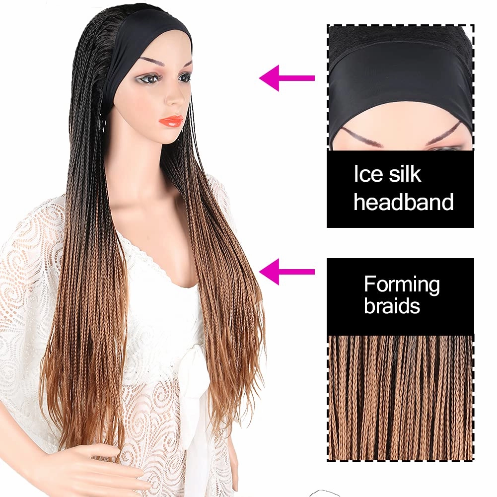 Ice Silk Box Braid Wigs for Black Women - Long Cornrow Twist, Crochet Braid, Ombre Brown, Synthetic, Turban Wig with Attached Headband, 30 Inch Scarf