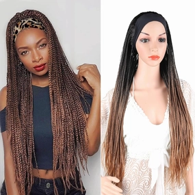 Ice Silk Box Braid Wigs for Black Women - Long Cornrow Twist, Crochet Braid, Ombre Brown, Synthetic, Turban Wig with Attached Headband, 30 Inch Scarf