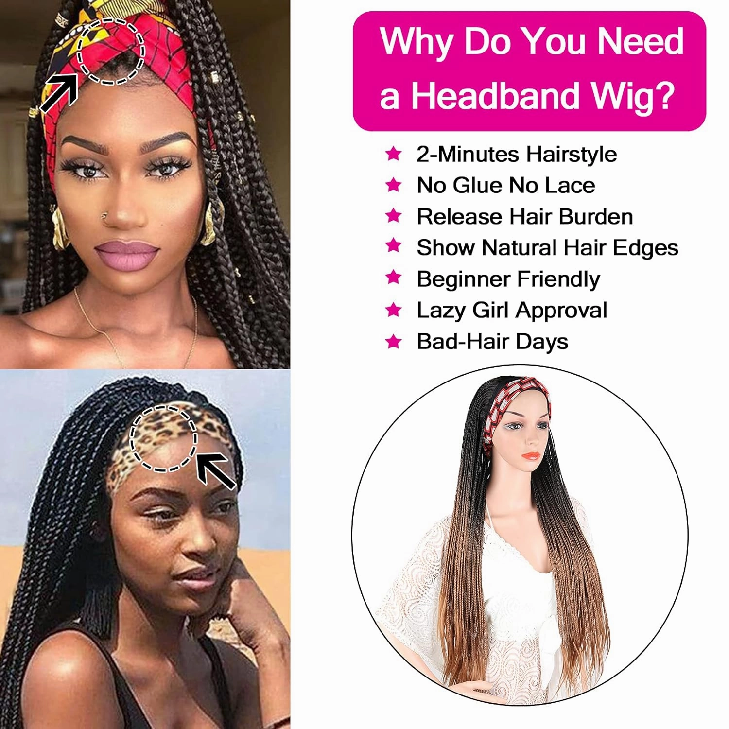 Ice Silk Box Braid Wigs for Black Women - Long Cornrow Twist, Crochet Braid, Ombre Brown, Synthetic, Turban Wig with Attached Headband, 30 Inch Scarf