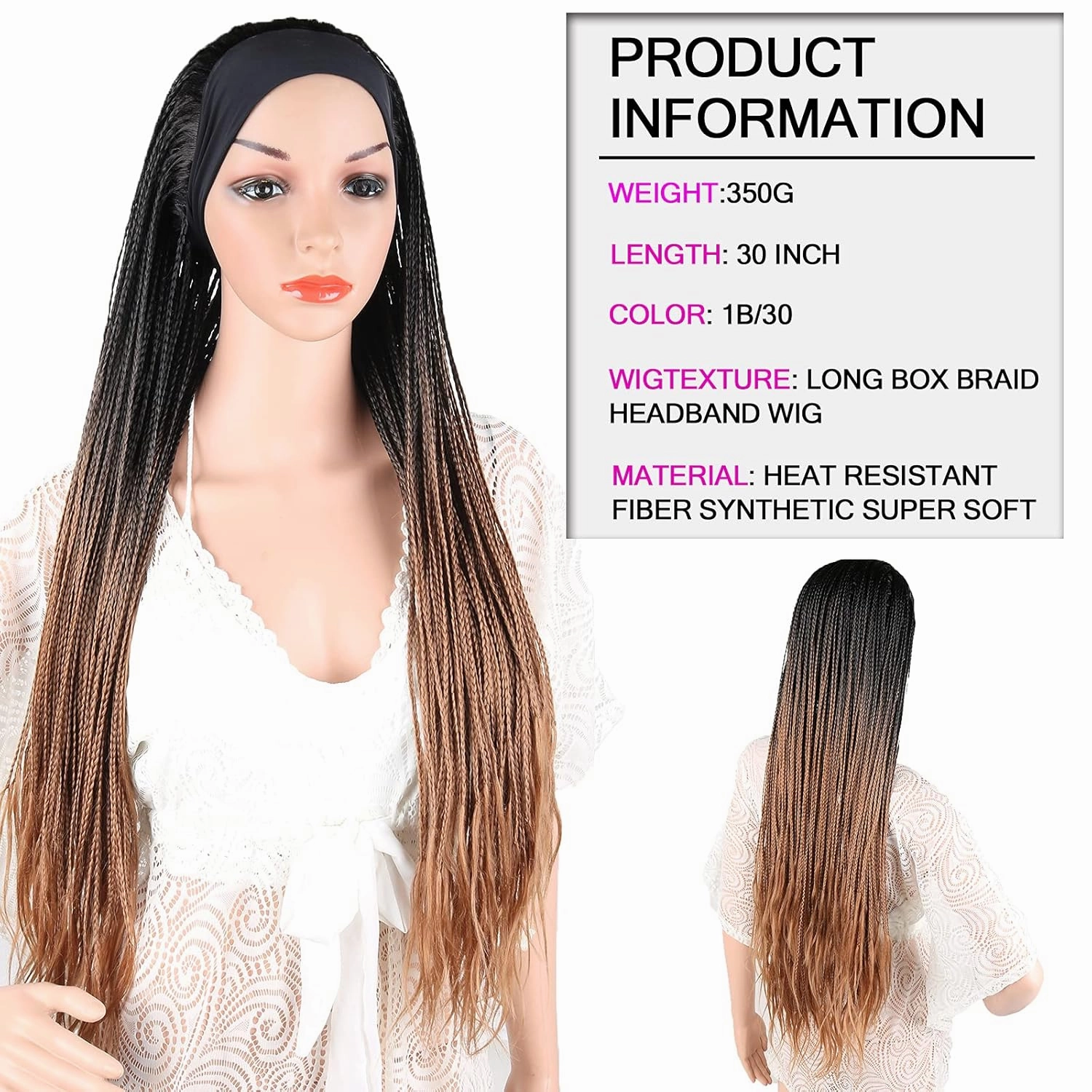 Ice Silk Box Braid Wigs for Black Women - Long Cornrow Twist, Crochet Braid, Ombre Brown, Synthetic, Turban Wig with Attached Headband, 30 Inch Scarf