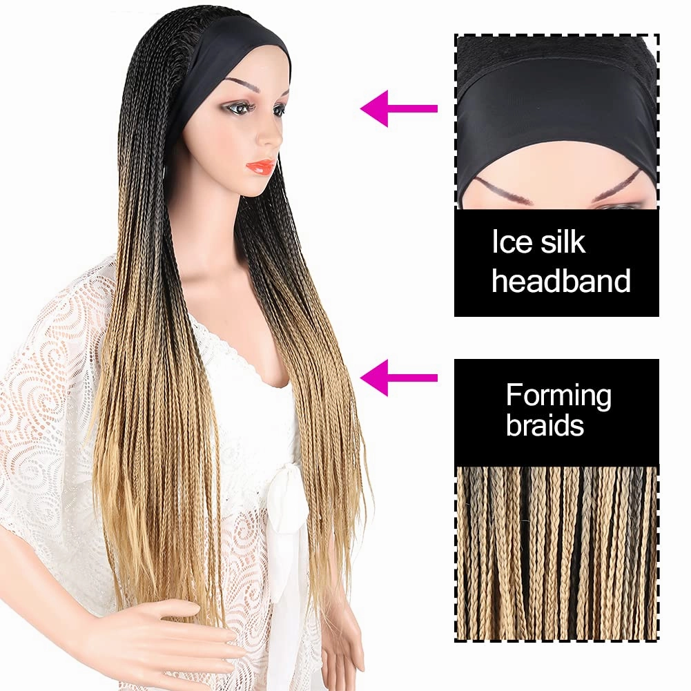 Ice Silk Turban Box Braid Wigs - 30Inch Long Blonde Ombre Brown, Synthetic Strap Wig with Attached Headband