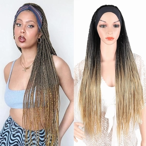 Ice Silk Turban Box Braid Wigs - 30Inch Long Blonde Ombre Brown, Synthetic Strap Wig with Attached Headband