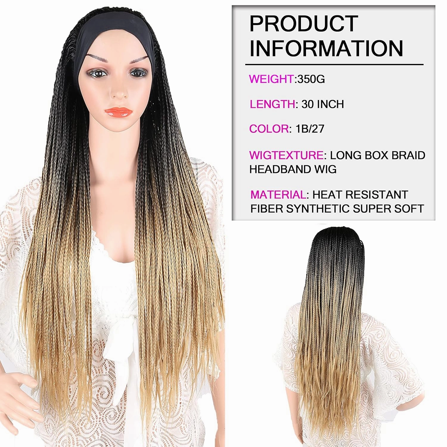 Ice Silk Turban Box Braid Wigs - 30Inch Long Blonde Ombre Brown, Synthetic Strap Wig with Attached Headband