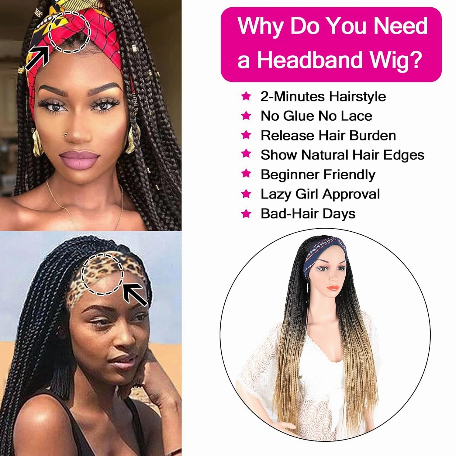 Ice Silk Turban Box Braid Wigs - 30Inch Long Blonde Ombre Brown, Synthetic Strap Wig with Attached Headband