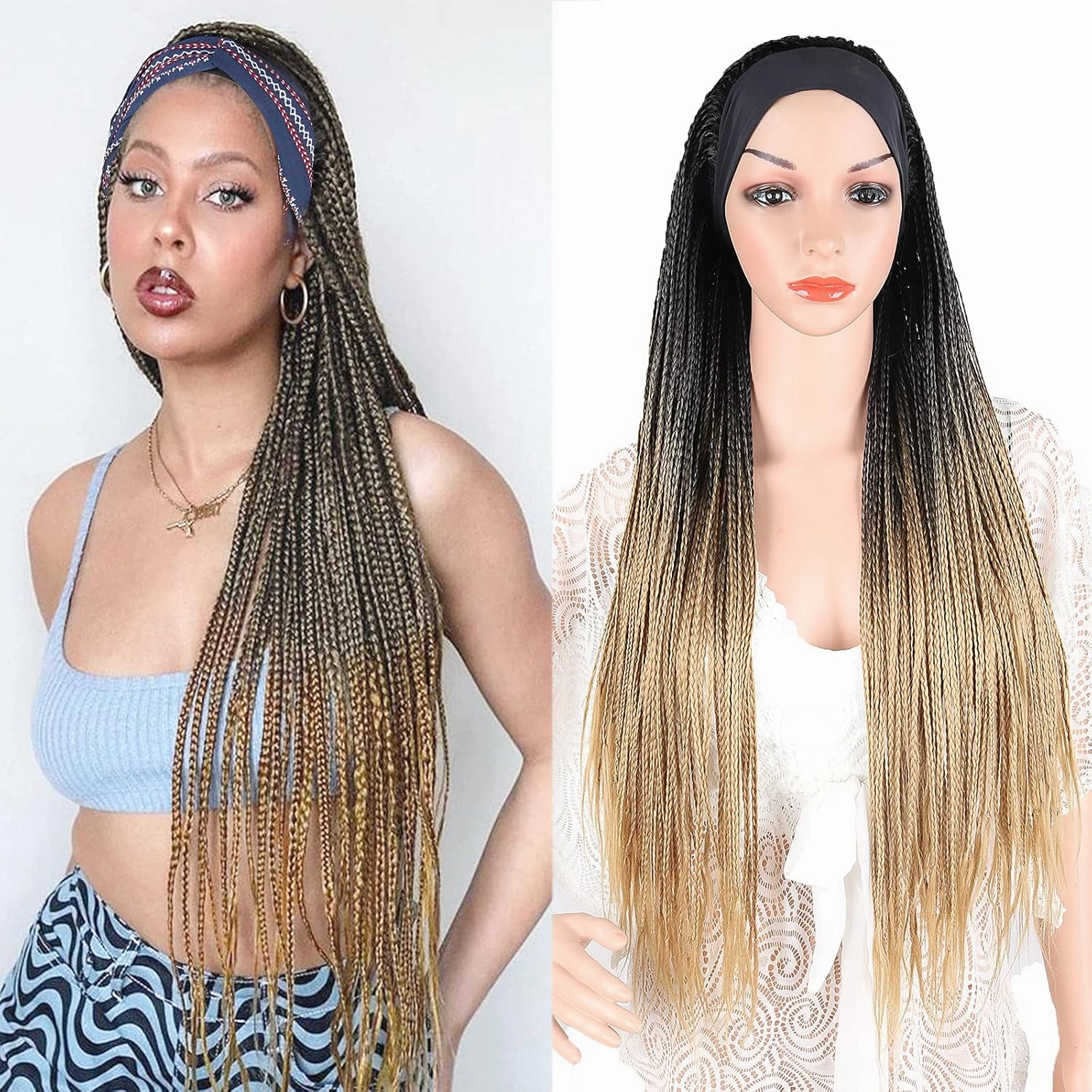 Ice Silk Turban Box Braid Wigs - 30Inch Long Blonde Ombre Brown, Synthetic Strap Wig with Attached Headband