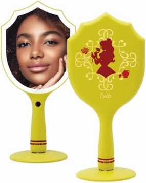 Impressions Vanity Handheld Lighted Makeup Mirror, Disney Princess Belle LED Hand Mirror with Standing Base, Makeup Vanity Mirrors with Shimmering Button and 3 Color Modes for Travel or Bedroom