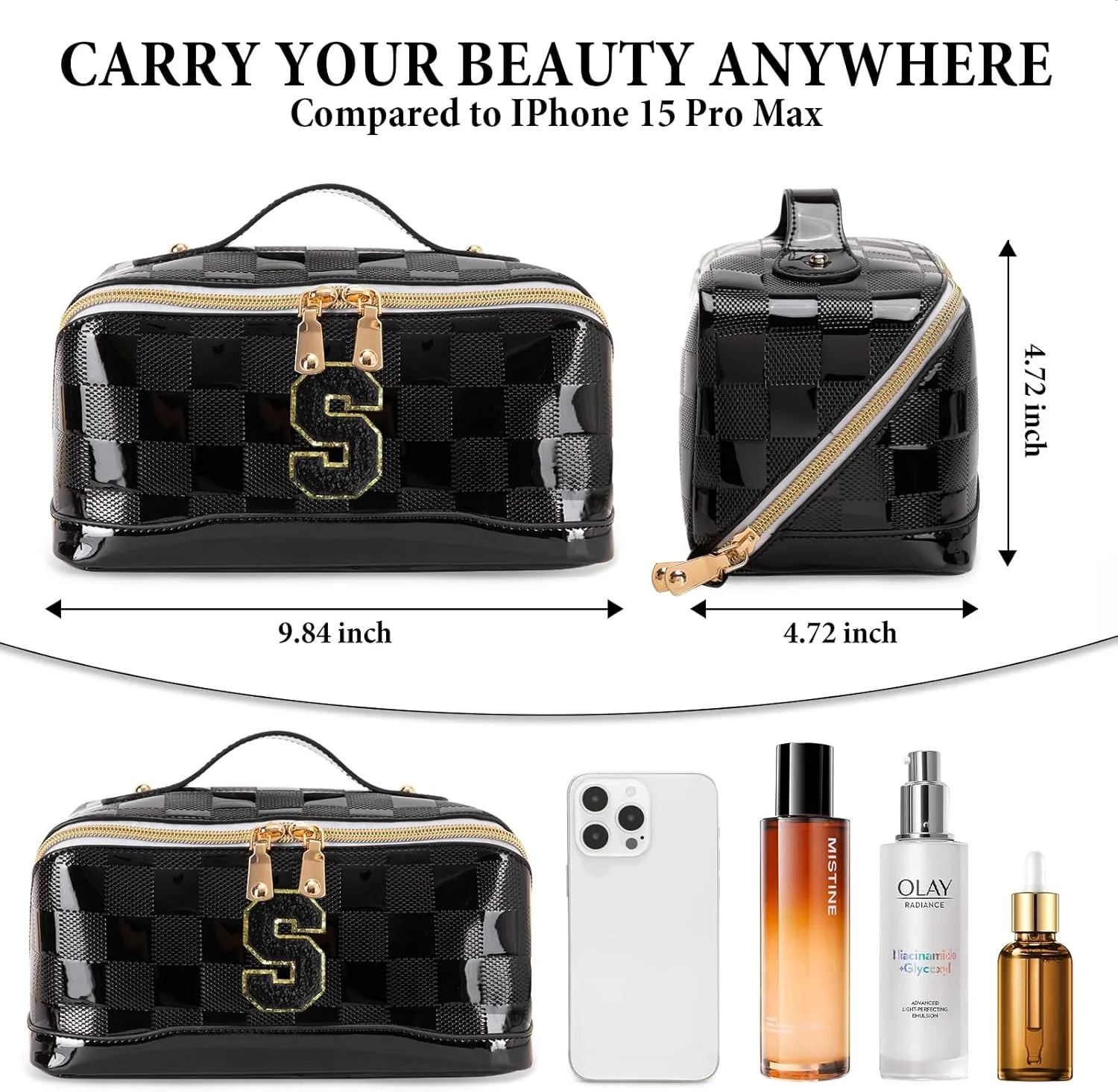Initial Makeup Bag Large Capacity Travel Cosmetic Bag for Women PU Leather Open Flat Toiletry Bag with Handle and Divider Personalized Gifts for Women (Black S)