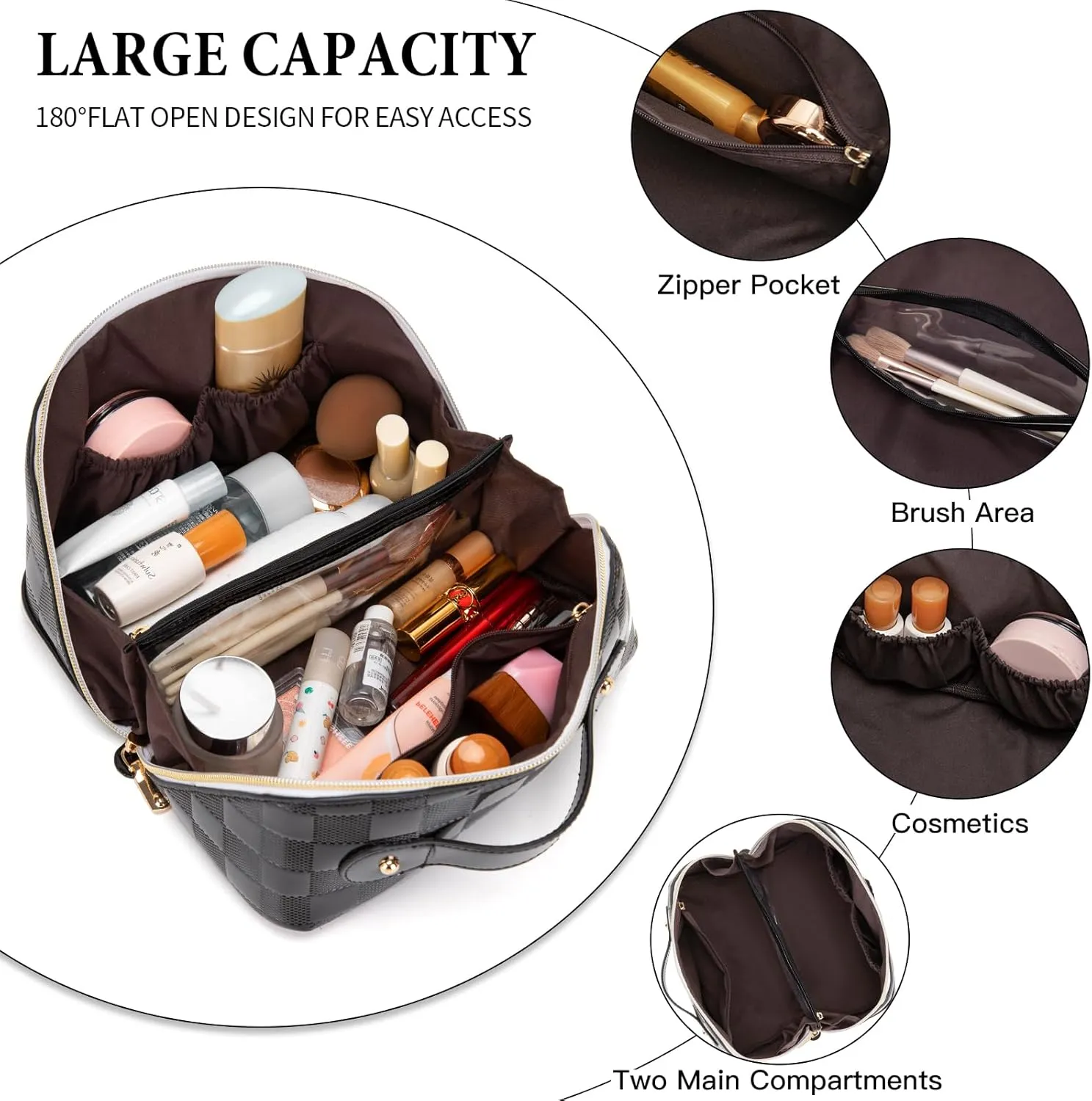 Initial Makeup Bag Large Capacity Travel Cosmetic Bag for Women PU Leather Open Flat Toiletry Bag with Handle and Divider Personalized Gifts for Women (Black S)