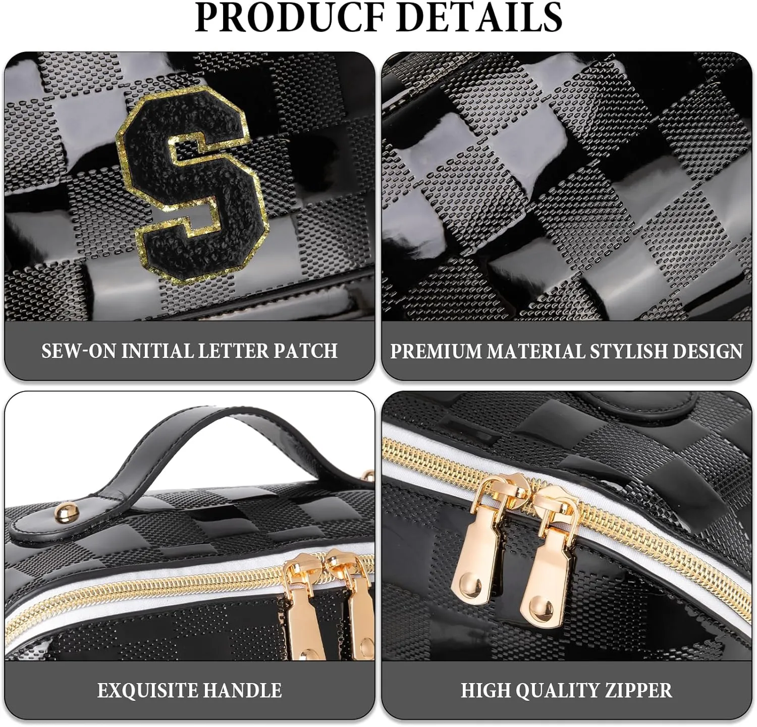 Initial Makeup Bag Large Capacity Travel Cosmetic Bag for Women PU Leather Open Flat Toiletry Bag with Handle and Divider Personalized Gifts for Women (Black S)