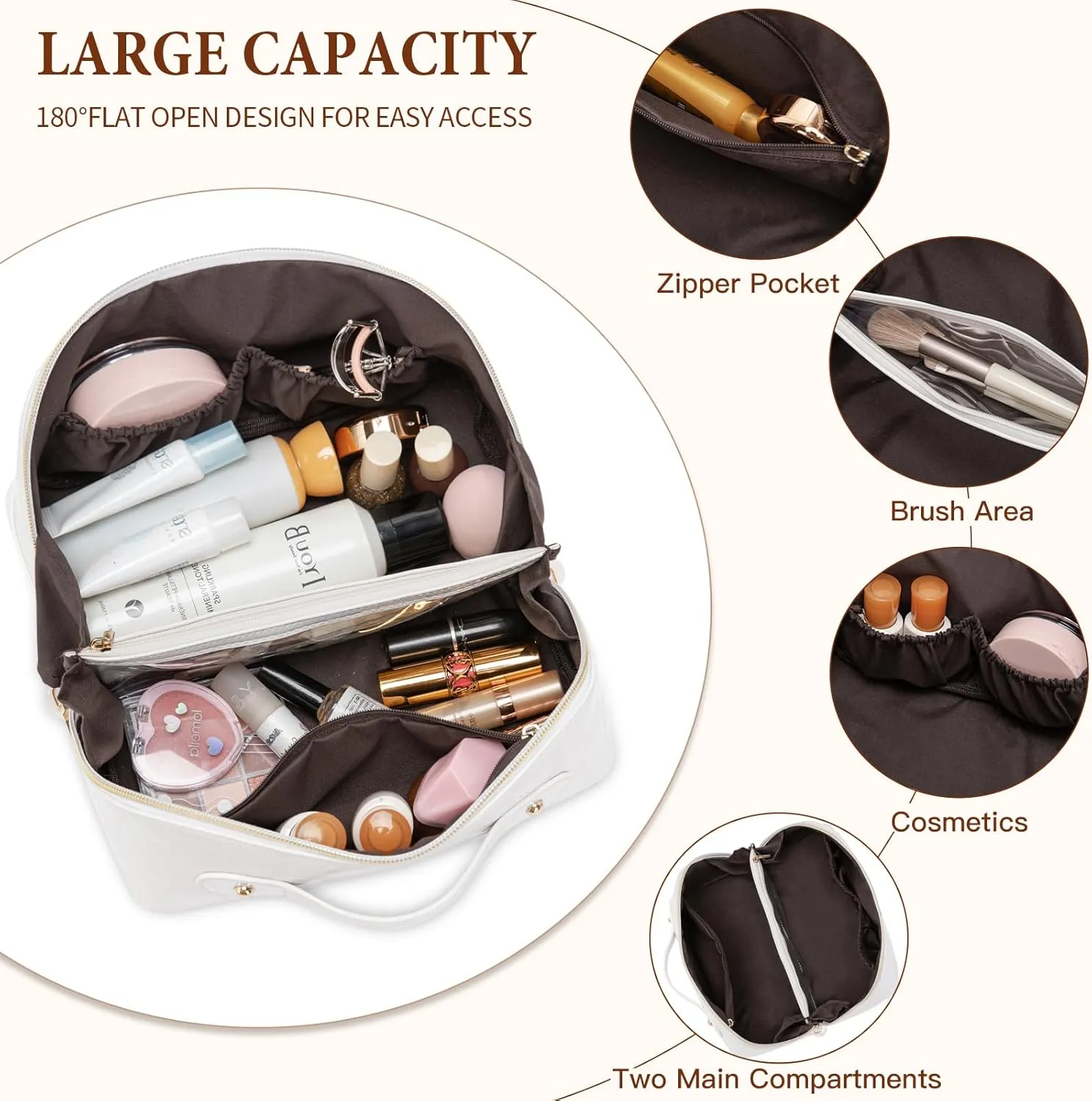 Initial Makeup Bag Large Capacity Travel Cosmetic Bag for Women PU Leather Open Flat Toiletry Bag with Handle and Divider Personalized Gifts for Women (Cream White A)