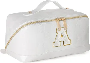 Initial Makeup Bag Large Capacity Travel Cosmetic Bag for Women PU Leather Open Flat Toiletry Bag with Handle and Divider Personalized Gifts for Women (Cream White A)