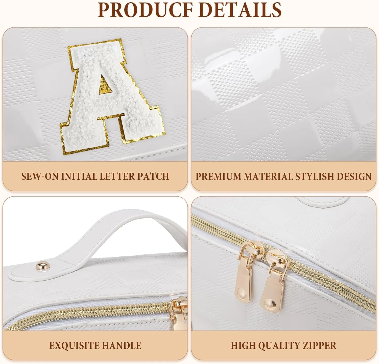 Initial Makeup Bag Large Capacity Travel Cosmetic Bag for Women PU Leather Open Flat Toiletry Bag with Handle and Divider Personalized Gifts for Women (Cream White A)