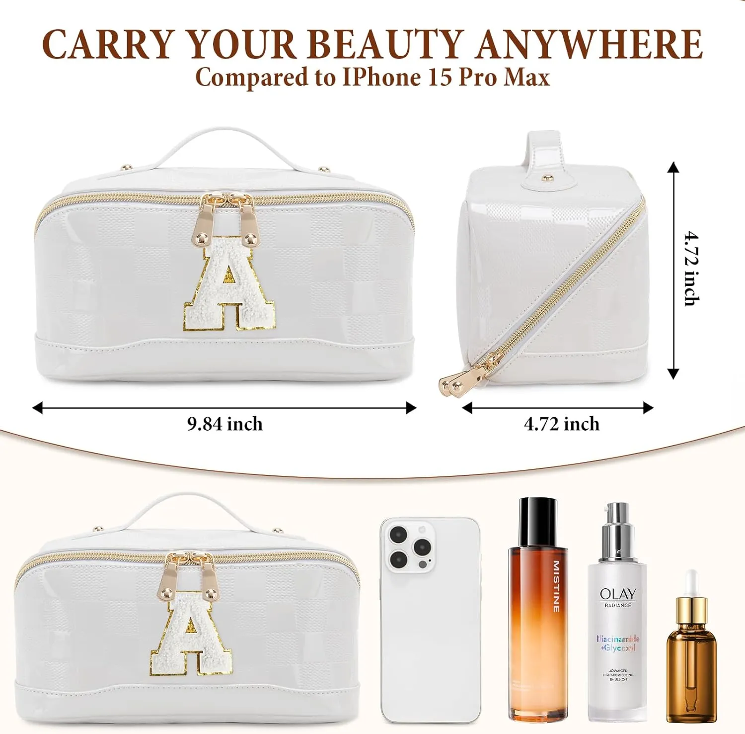 Initial Makeup Bag Large Capacity Travel Cosmetic Bag for Women PU Leather Open Flat Toiletry Bag with Handle and Divider Personalized Gifts for Women (Cream White A)