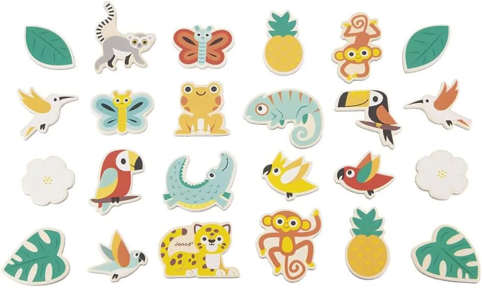 Janod - 24-Piece Magnetic Set Tropical - Wooden Toddler Toy - Magnetic Toy - Motor Skills and Fantasy - FSC Certified - From 2 Years, J08274
