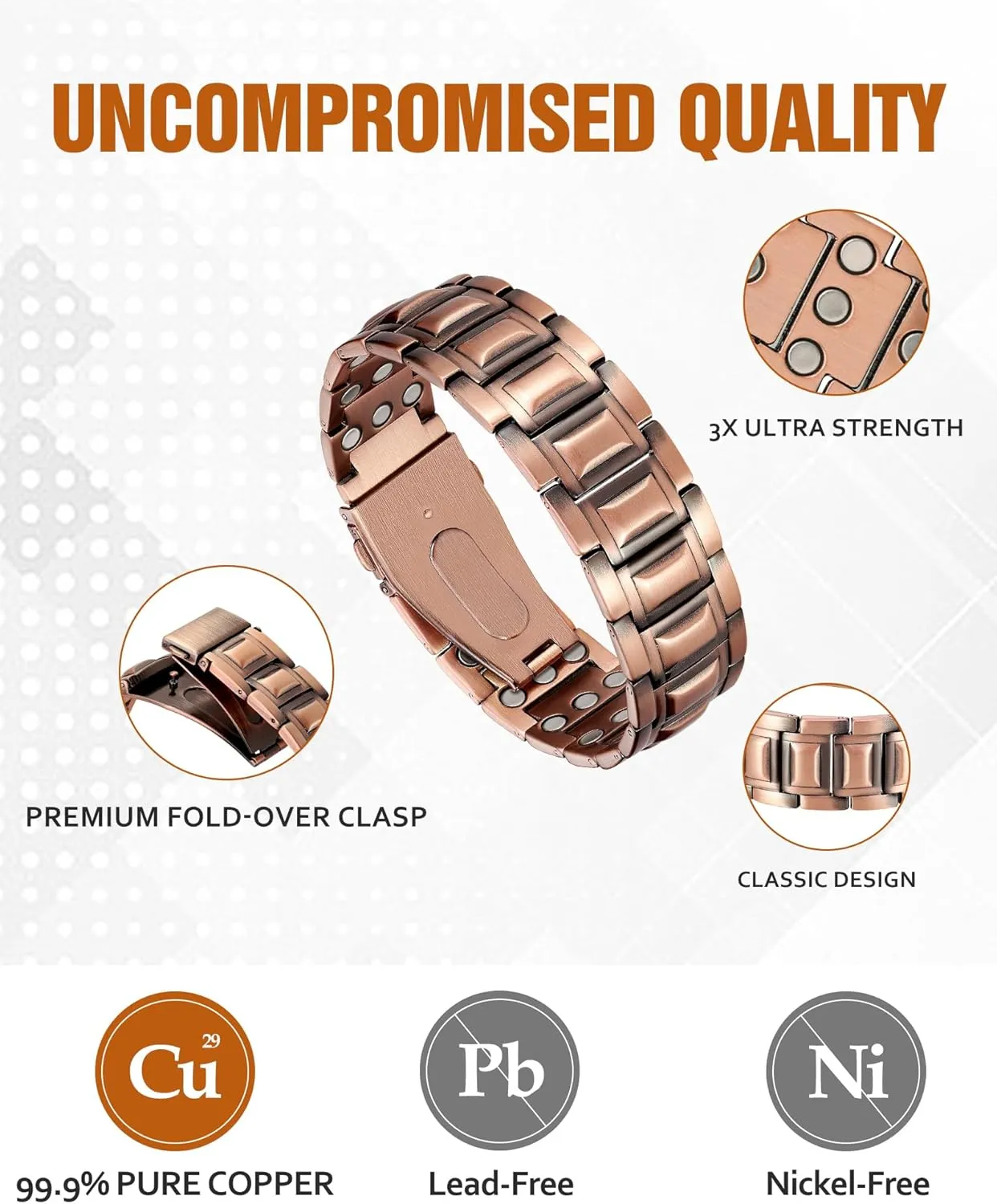 Jecanori 3X Strength Copper Bracelets for Men, Magnetic Bracelets for Men with 3800 Gauss Magnets, Premium Fold-Over Clasp