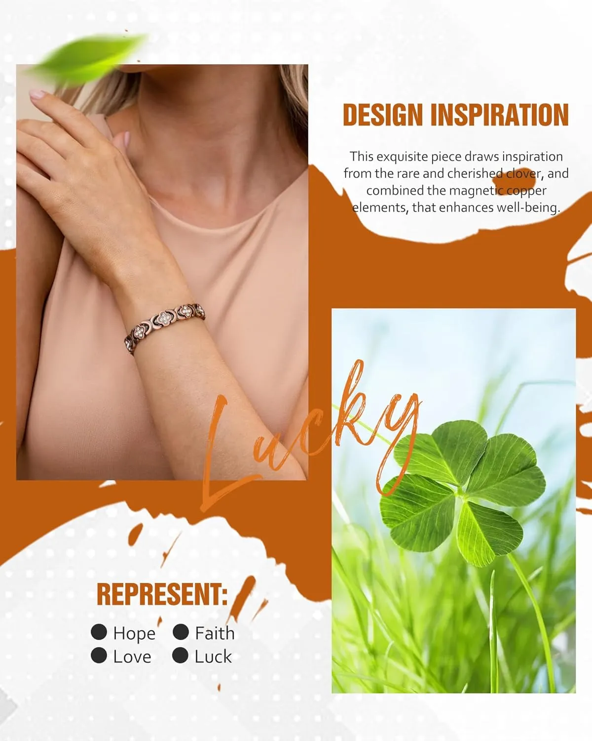 Jecanori Pure Copper Bracelet for Women, Ultra Strength Magnetic Therapy Bracelets with 3800 Gauss Magnets，Four-leaf clover jewelry