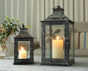 JHY DESIGN Set of 2 Antique Grey Brush Decorative Lanterns Metal Candle Lanterns for Indoor Outdoor Events Paritie and Weddings Vintage Style Hanging Lantern(with Glass)