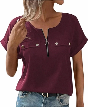JOAU Women's Zip Front Crew Neck Shirts Dressy Casual Loose Rolled Short Sleeve Blouse Lightweight Elegant Work Tunic Top