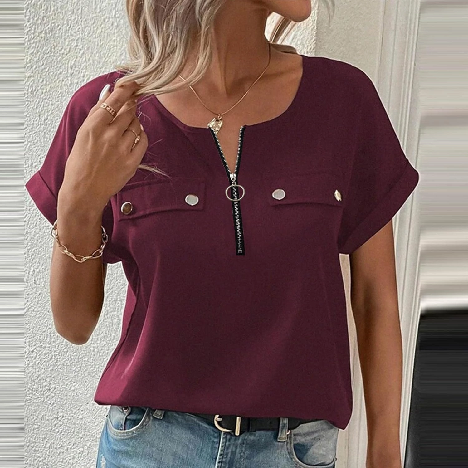 JOAU Women's Zip Front Crew Neck Shirts Dressy Casual Loose Rolled Short Sleeve Blouse Lightweight Elegant Work Tunic Top