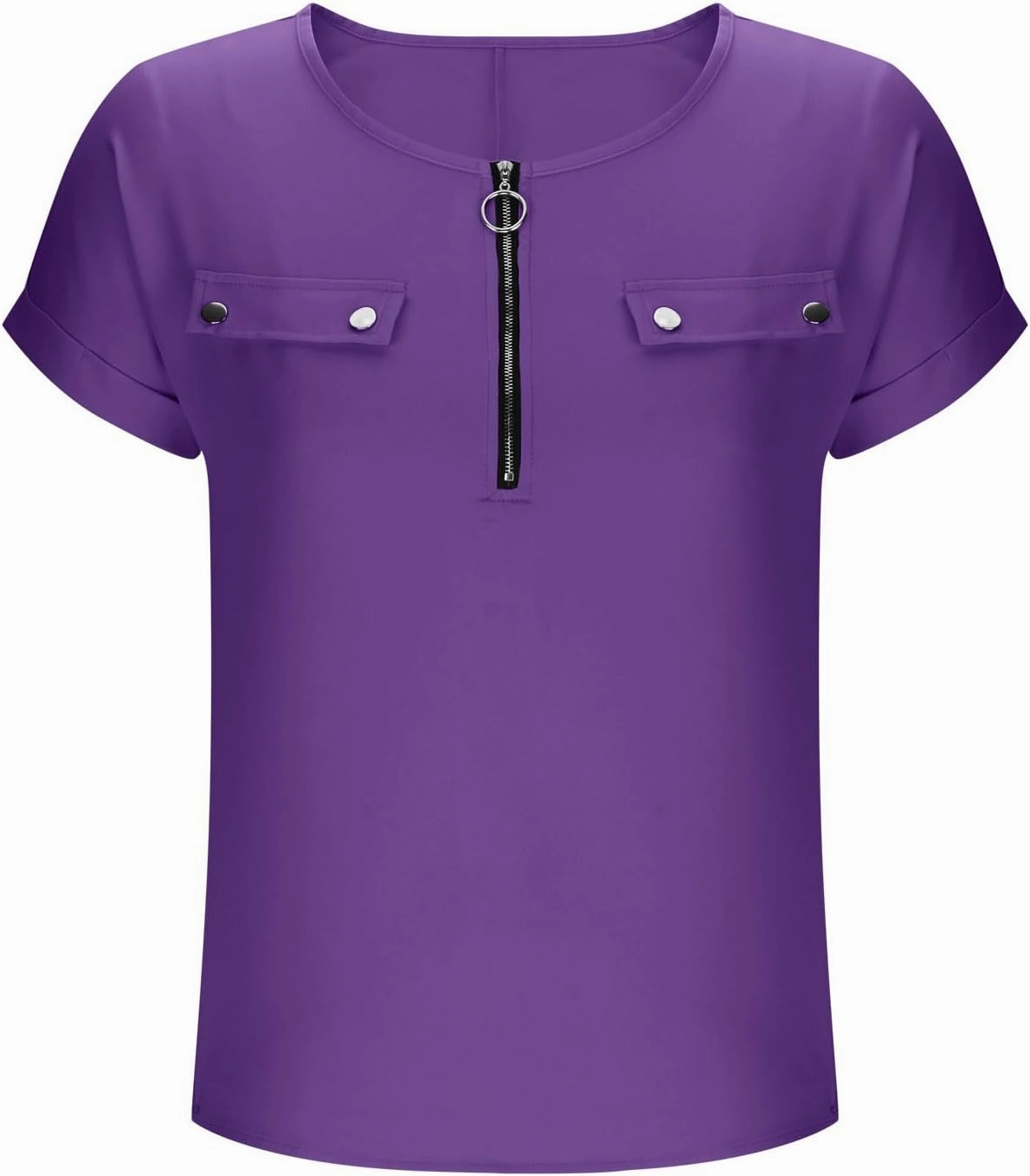 JOAU Women's Zip Front Crew Neck Shirts Dressy Casual Loose Rolled Short Sleeve Blouse Lightweight Elegant Work Tunic Top