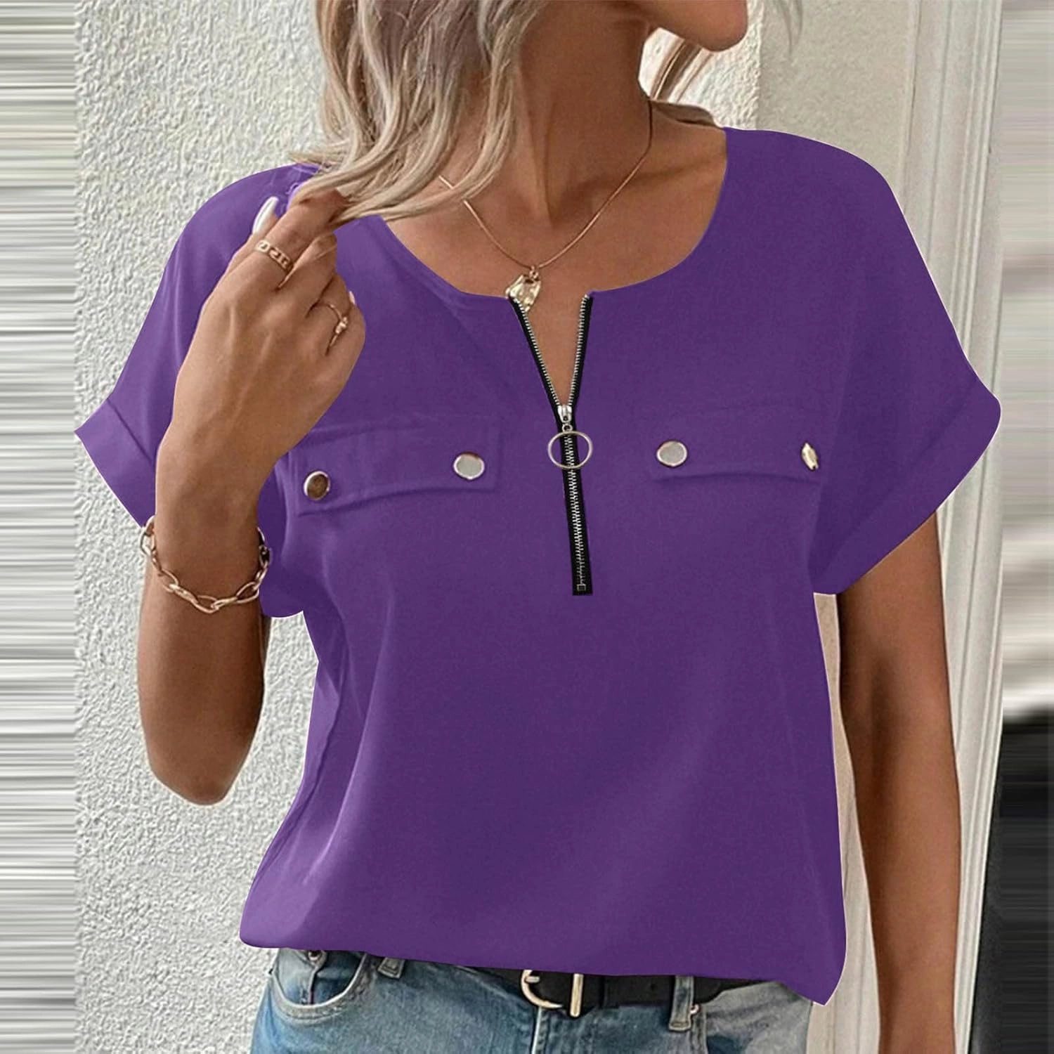 JOAU Women's Zip Front Crew Neck Shirts Dressy Casual Loose Rolled Short Sleeve Blouse Lightweight Elegant Work Tunic Top