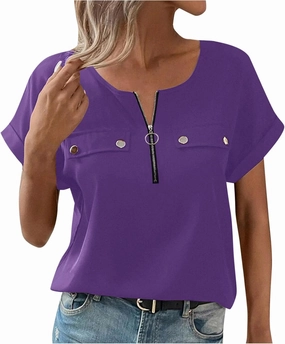 JOAU Women's Zip Front Crew Neck Shirts Dressy Casual Loose Rolled Short Sleeve Blouse Lightweight Elegant Work Tunic Top