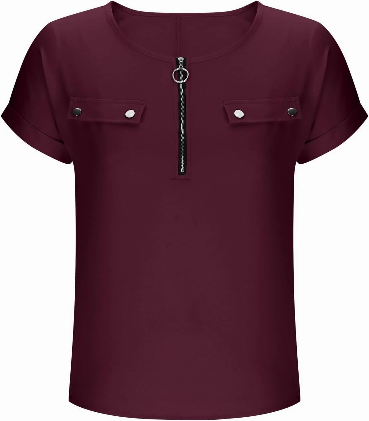 JOAU Women's Zip Front Crew Neck Shirts Dressy Casual Loose Rolled Short Sleeve Blouse Lightweight Elegant Work Tunic Top