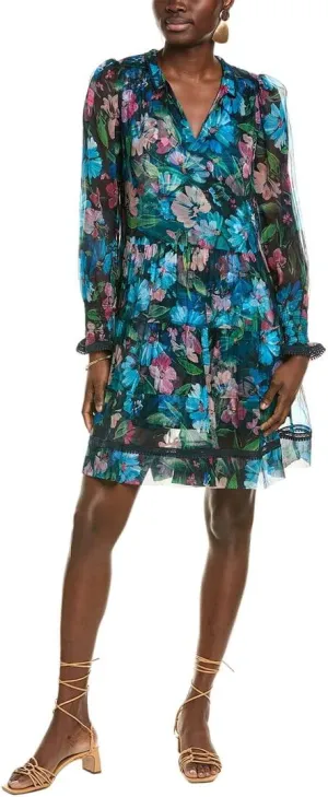 Johnny Was Womens Maryah Tiered Silk Mini Dress, M, Blue