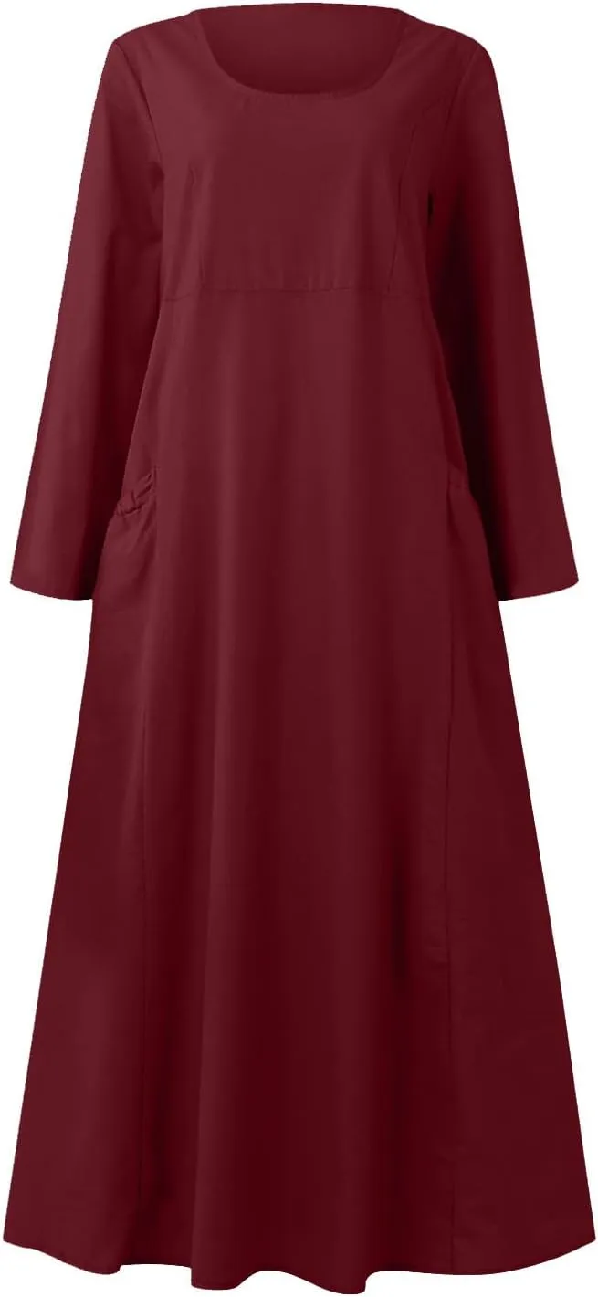 jsaierl Women Summer Cotton Linen Maxi Dress Loose Flowy A Line High Waited Dress with Pockets Long Sleeve Crewneck Dress