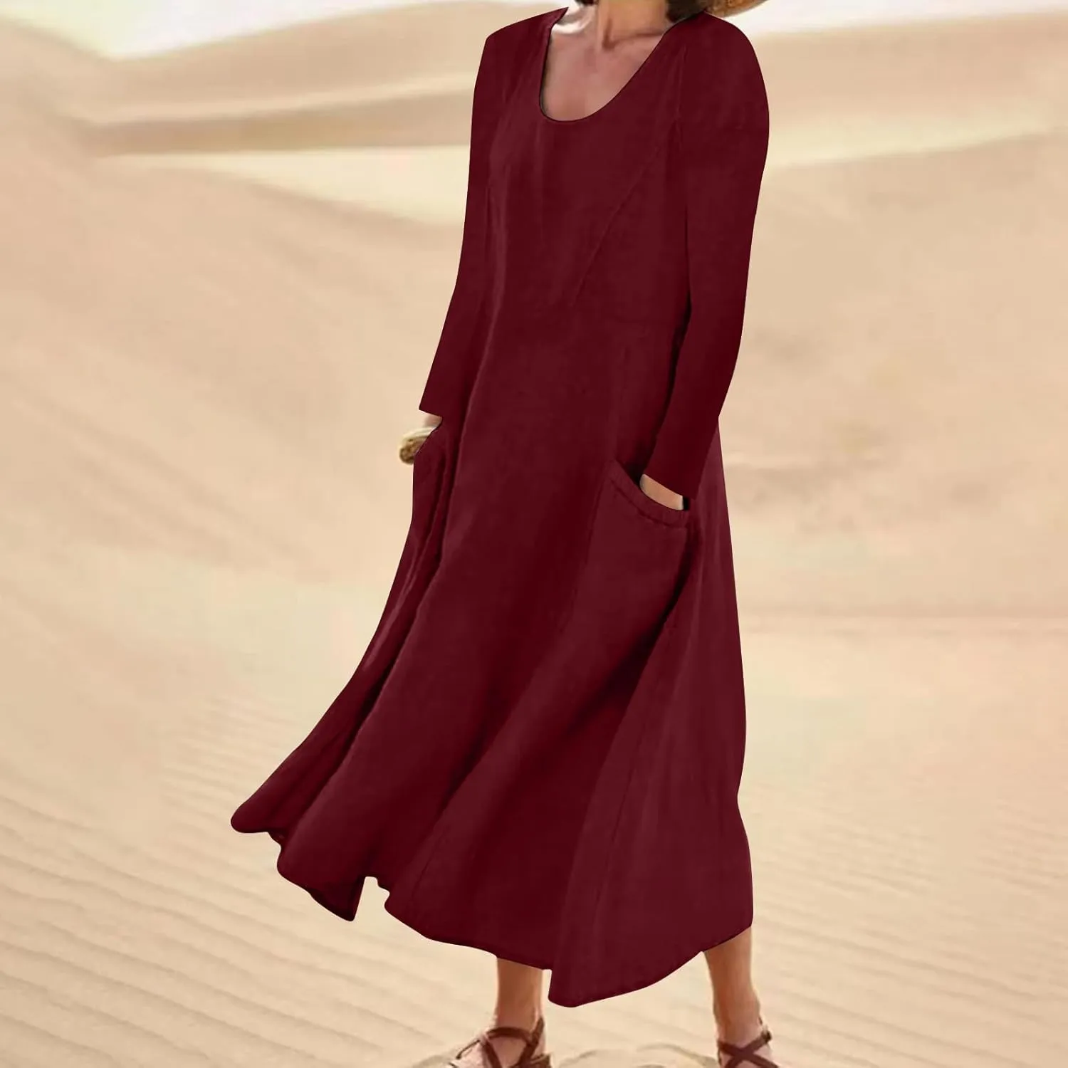 jsaierl Women Summer Cotton Linen Maxi Dress Loose Flowy A Line High Waited Dress with Pockets Long Sleeve Crewneck Dress