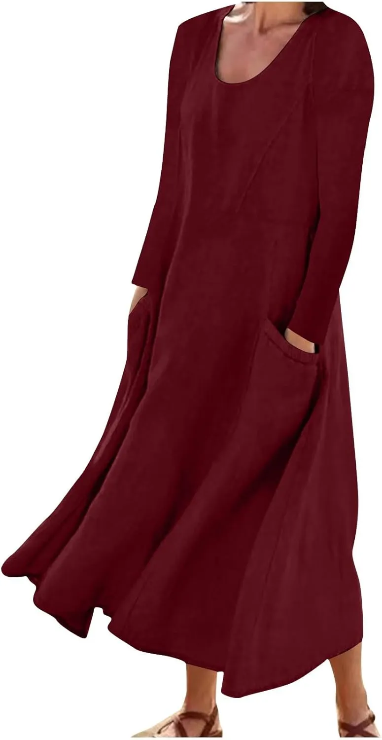 jsaierl Women Summer Cotton Linen Maxi Dress Loose Flowy A Line High Waited Dress with Pockets Long Sleeve Crewneck Dress